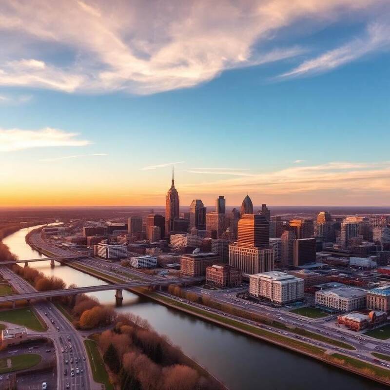Aerial view of the Omaha, Nebraska metro area at sunset
